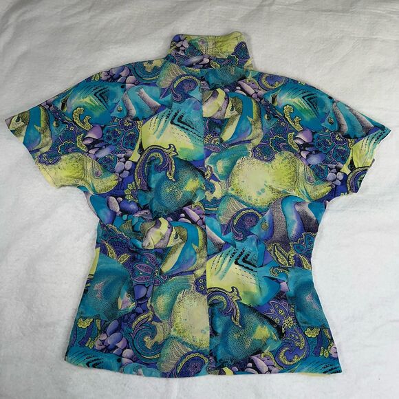 Vintage Silk Top Women's Sz 8 Tropical Ocean Fish Floral Paisley MISSING BUTTONS - Picture 14 of 16